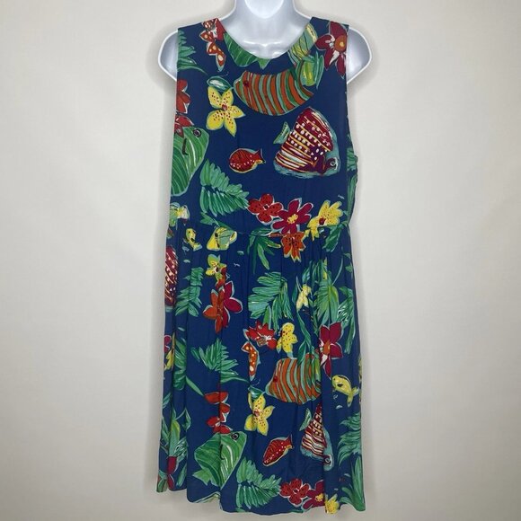 Vintage 80s Saint Tropez West Mini Shift Dress Size 16 Tropical Fish Sea Life - Picture 5 of 9